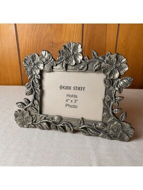Vintage Kirk Stieff Pewter Floral Picture Frame Holds 3x4 Photo